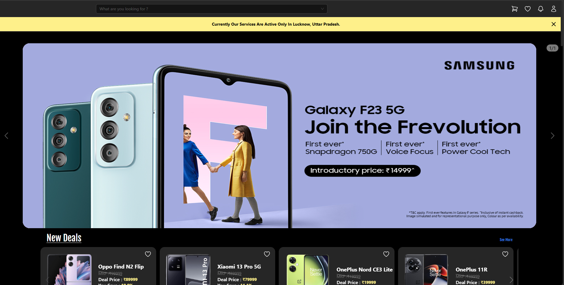 Preview of the ecommerce application homepage showing featured promotions and product cards
